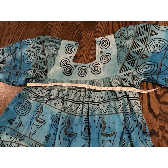 Vintage 60s 70s Ramona Rull 100% Cotton Western Teal Boho Maxi Dress Kaftan 1X‎ - Picture 10 of 11